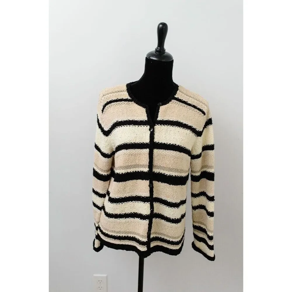 Vintage Talbots Hand-Knit Striped Cardigan Sweater L Black & Beige cruise resort